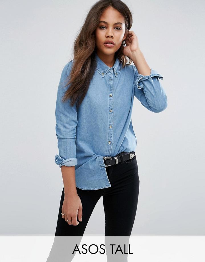 Asos Tall Denim Shirt In Mid Wash Blue - Blue