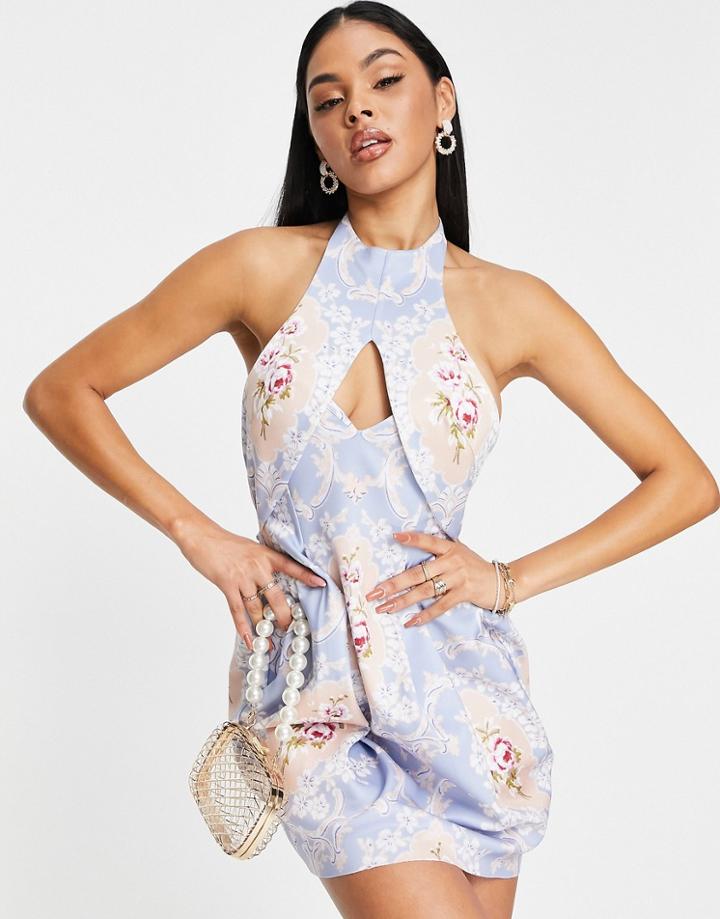 Asos Design Backless Tulip Mini Dress In Pastel Regal Print-multi