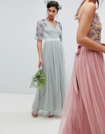 Maya Embellished Tulle Sleeve Maxi Tulle Dress In Green