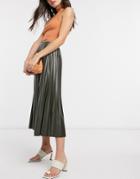 Asos Design Leather Look Pleated Midi Skirt In Khaki-no Color