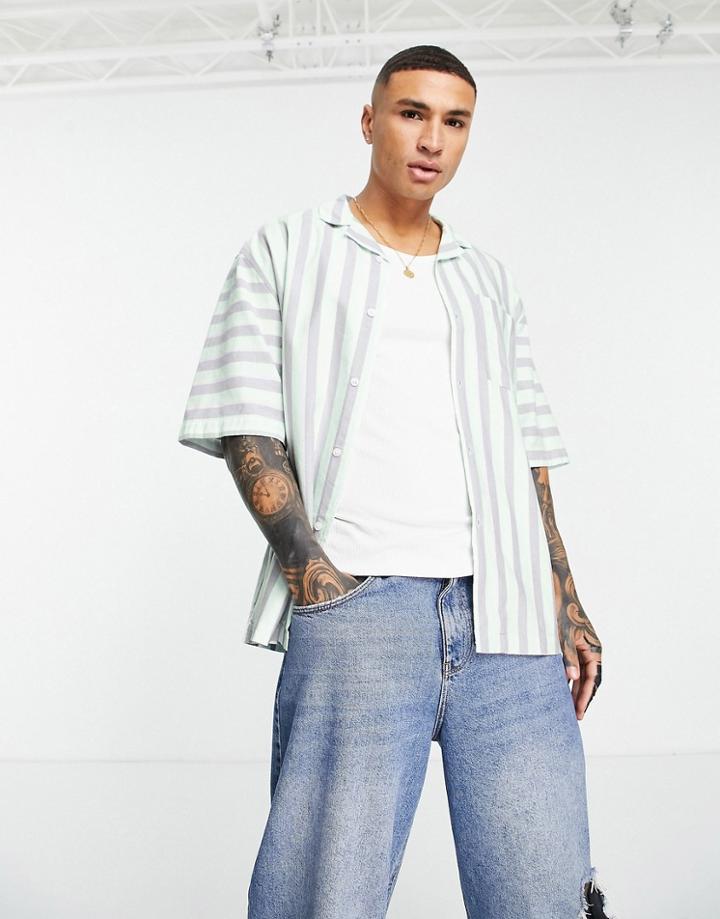 Topman Oversized Camp Collar Striped Shirt In Mint-green