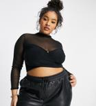 Club L London Plus High Neck Mesh Cross Detail Longline Crop Top In Black