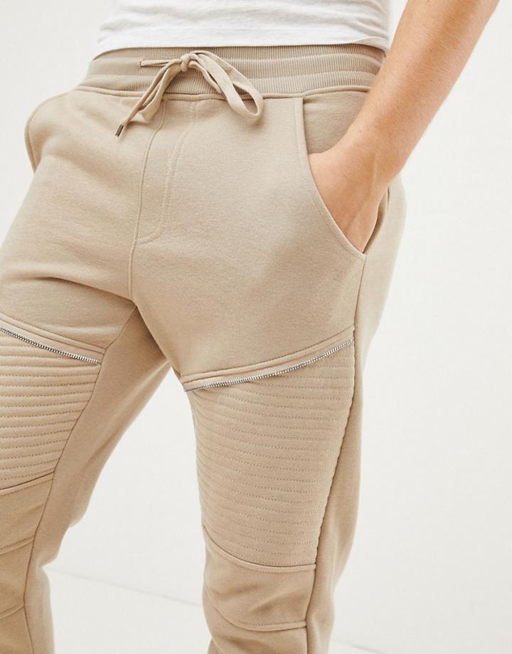 Brave Soul Skinny Fit Ribbed Zip Joggers - Stone