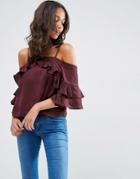 Asos Cold Shoulder Top In Satin With Ruffle Sleeve - Oxblood