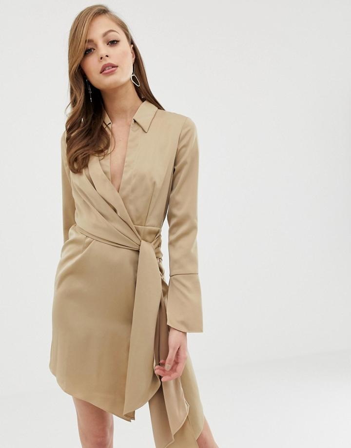 Asos Design Mini Satin Shirt Dress With Tie Waist - Beige