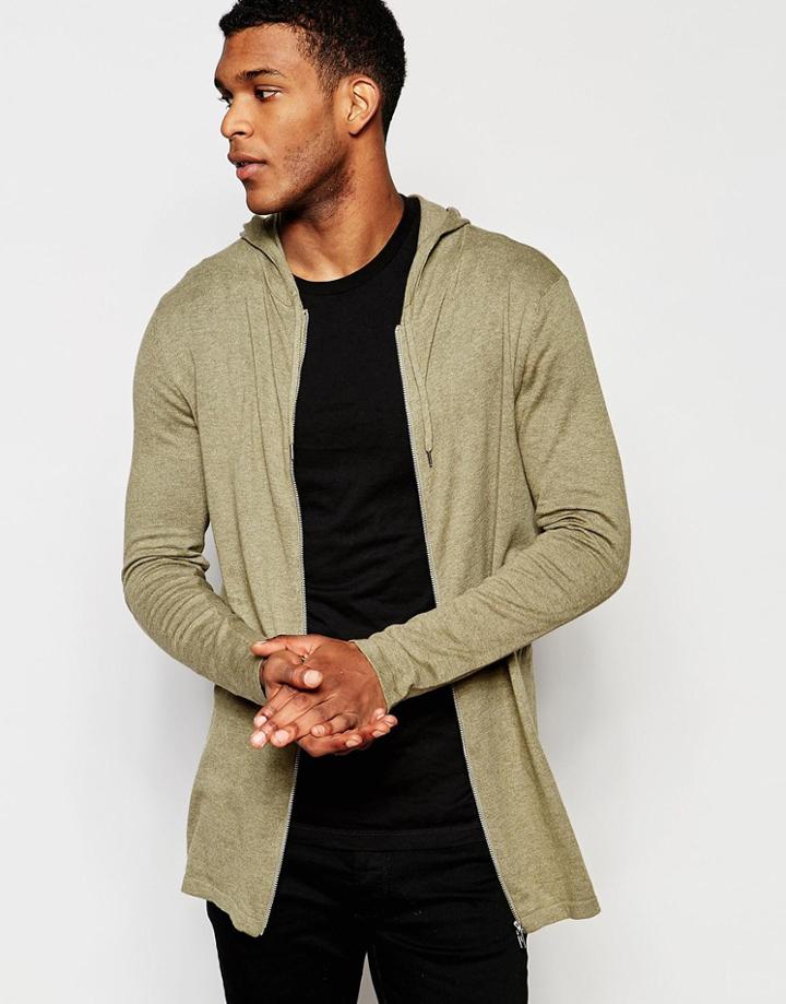Asos Longline Knitted Zip Through Hoodie In Green - Green