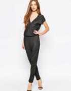 Selected Ganna Wrap Front Jumpsuit In Soft Glitter - Black