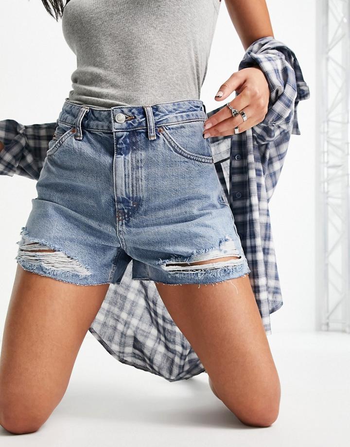 Topshop A-line Mom Shorts In Mid Blue-blues