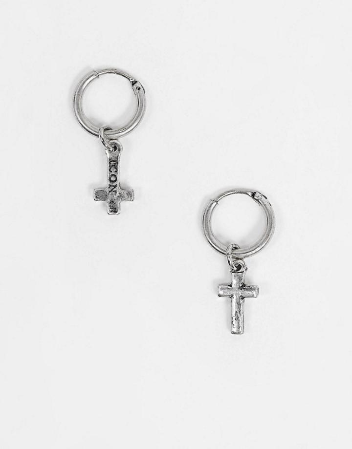 Icon Brand Hoop Earrings With Cross Charms In Silver