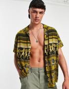Asos Design Relaxed Deep Revere Shirt With Abstract Warrior Print-black