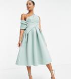 Asos Design Petite Bare Shoulder Prom Midi Dress In Frosty Sage-green