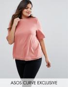 Asos Curve Longline T-shirt With Lace Hem Detail - Pink