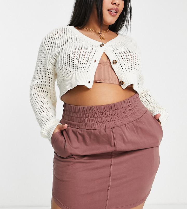Asos Design Curve Washed Jersey Mini Skirt With Deep Shirred Waistband In Washed Burgundy