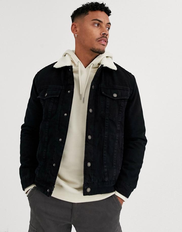 Bershka Fleece Lined Denim Jacket In Black