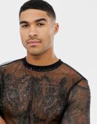 Asos Design Longline Long Sleeve T-shirt In Sparkly Mesh-black