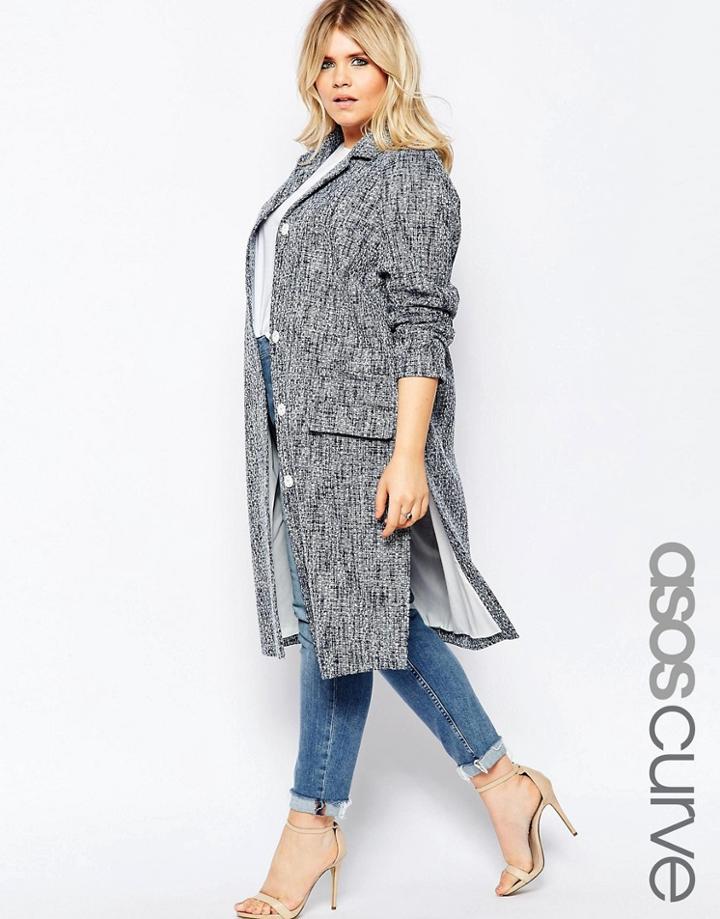 Asos Curve Coat In Denim Look Texture - Blue