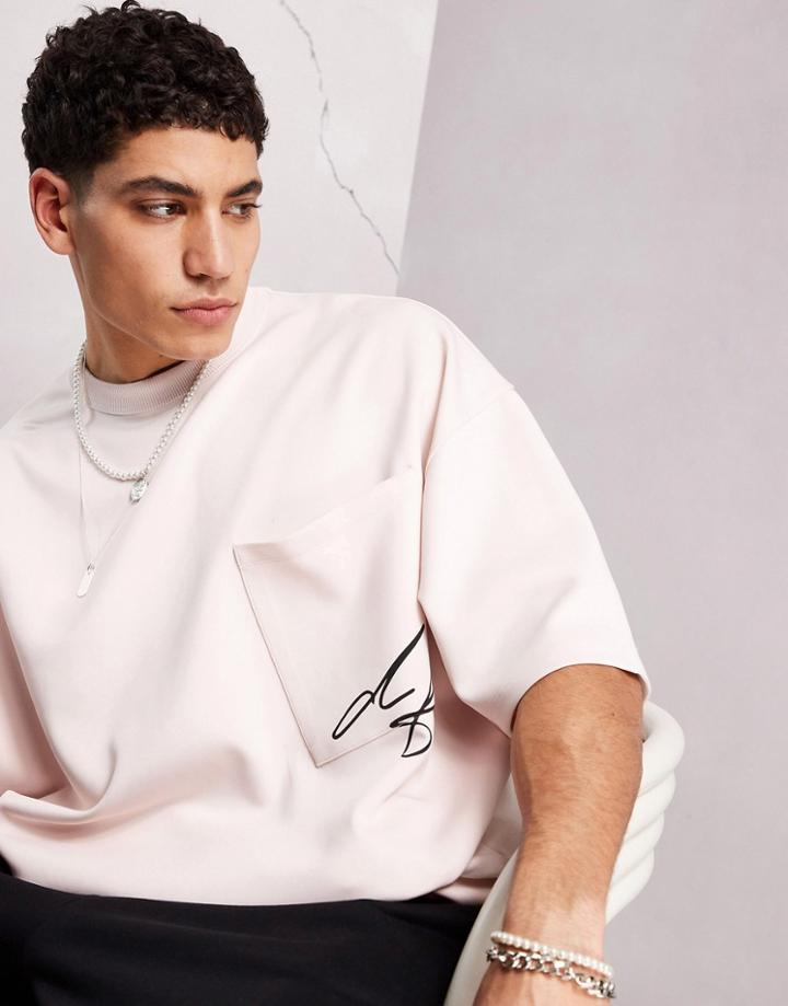 Asos Dark Future Oversized T-shirt In Scuba Fabric With Slanted Pocket And Logo Initial Print In Neutral