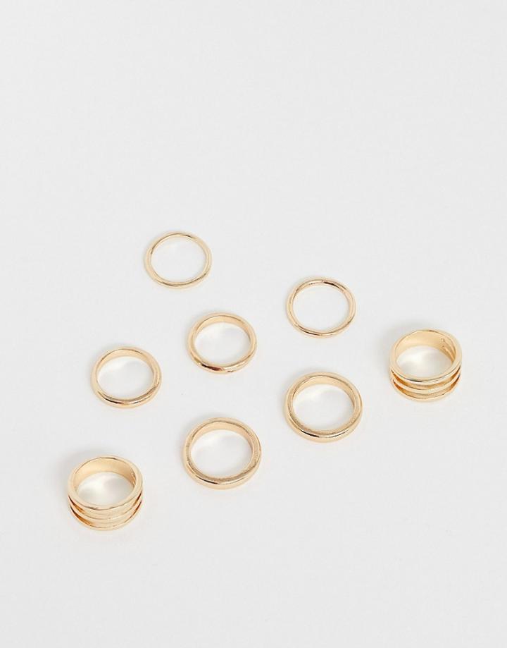 Asos Design Pack Of 8 Rings In Mixed Width And Double Row Designs In Gold Tone