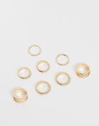 Asos Design Pack Of 8 Rings In Mixed Width And Double Row Designs In Gold Tone