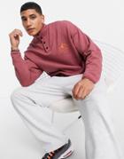 Asos Design Oversized Button Up Sweatshirt In Burgundy With Outdoors Chest Embroidery-red