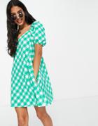 Asos Design Textured Puff Sleeve Mini Dress In Green Gingham Print-multi