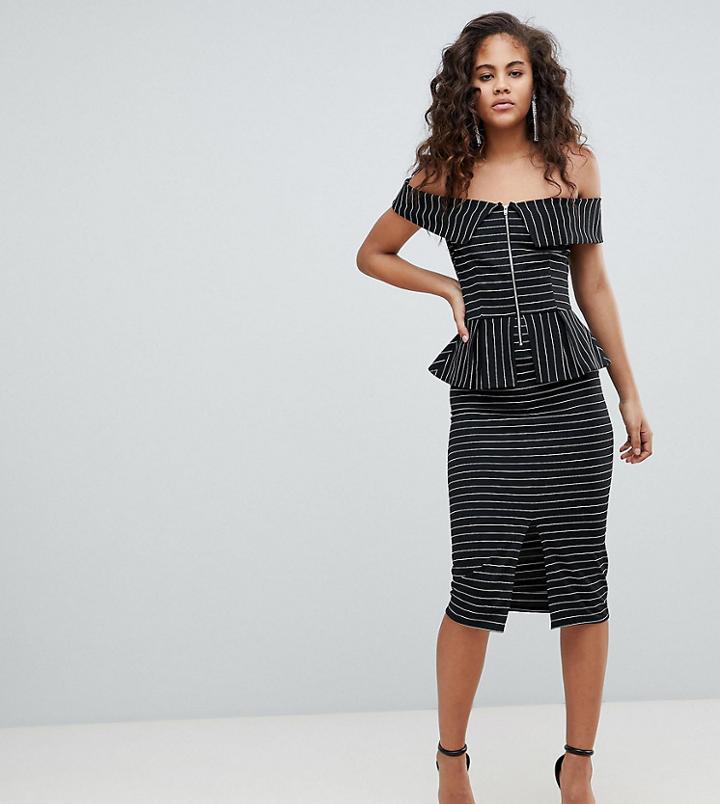 Asos Design Tall Bardot Pencil Dress With Peplum And Zip Detail In Pinstripe - Multi