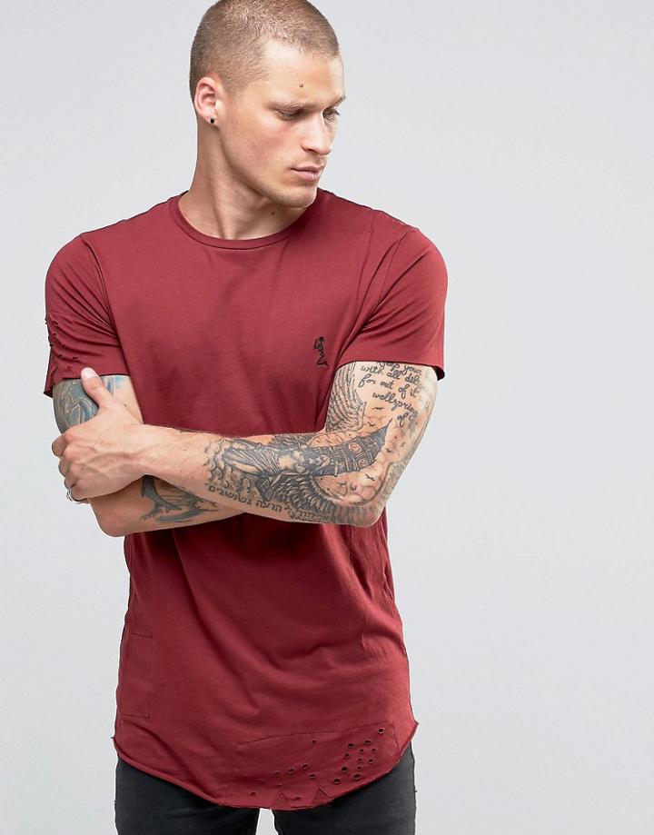 Religion Longline T-shirt With Curved Hem And Rip Detail - Red