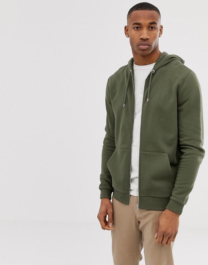 Asos Design Zip Up Hoodie In Khaki - Green