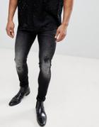 Asos Extreme Super Skinny Jeans In Vintage Washed Black With Rips - Black