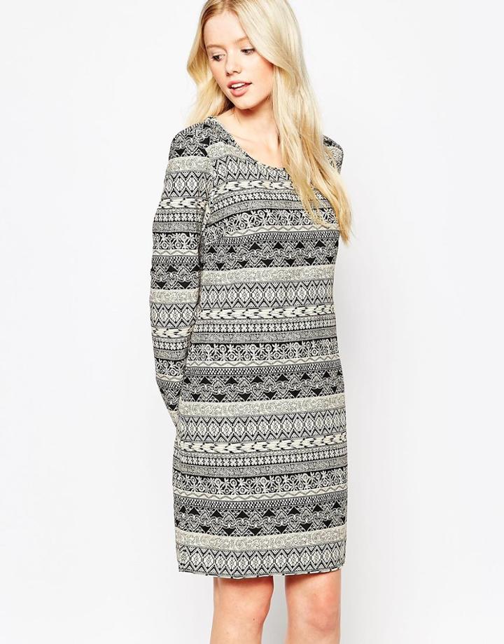 Vila Long Sleeve Printed Shift Dress With Keyhole Back - Multi