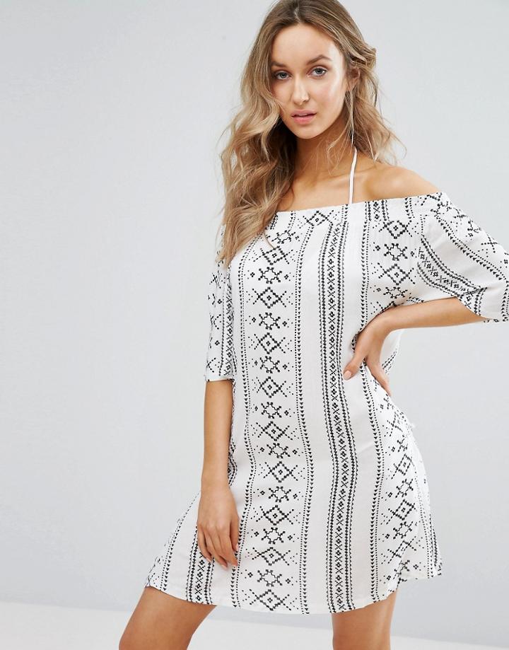 New Look Geo-tribal Print Bardot Dress - White