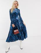 Free People Velvet Midi Dress In Blue Floral-blues