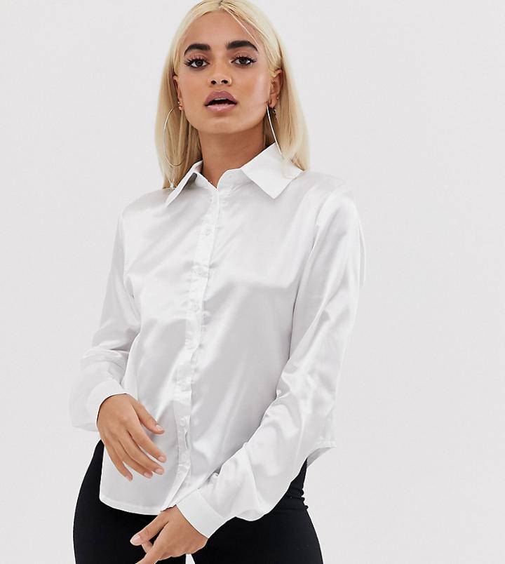 Prettylittlething Petite Satin Shirt In White - White