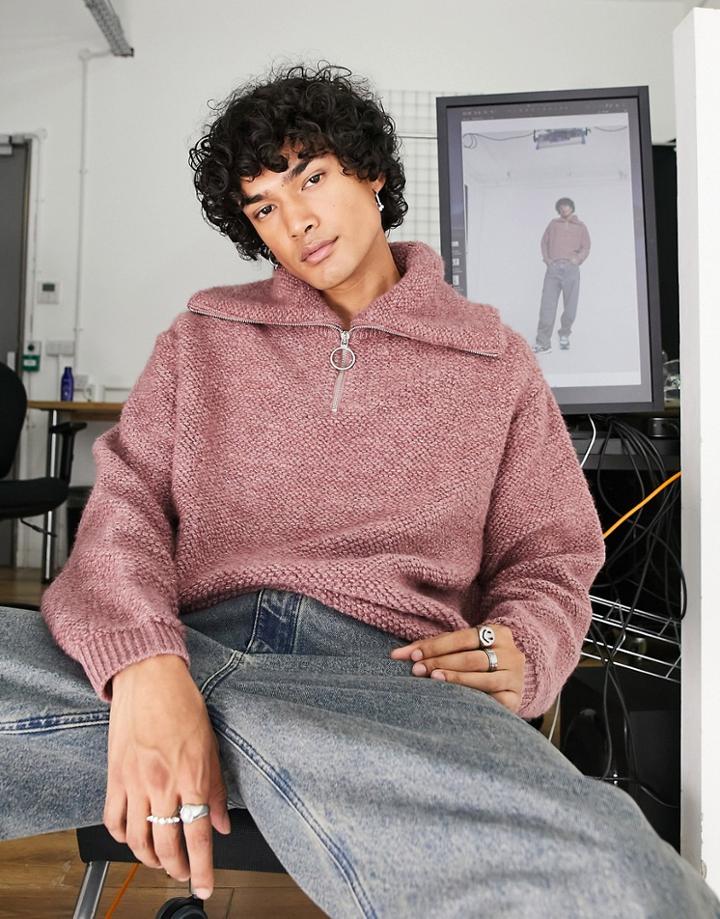 Asos Design Knitted Plush Sweater With Oversized Collar In Pink