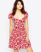Brave Soul Short Sleeve Floral Tea Dress - Red