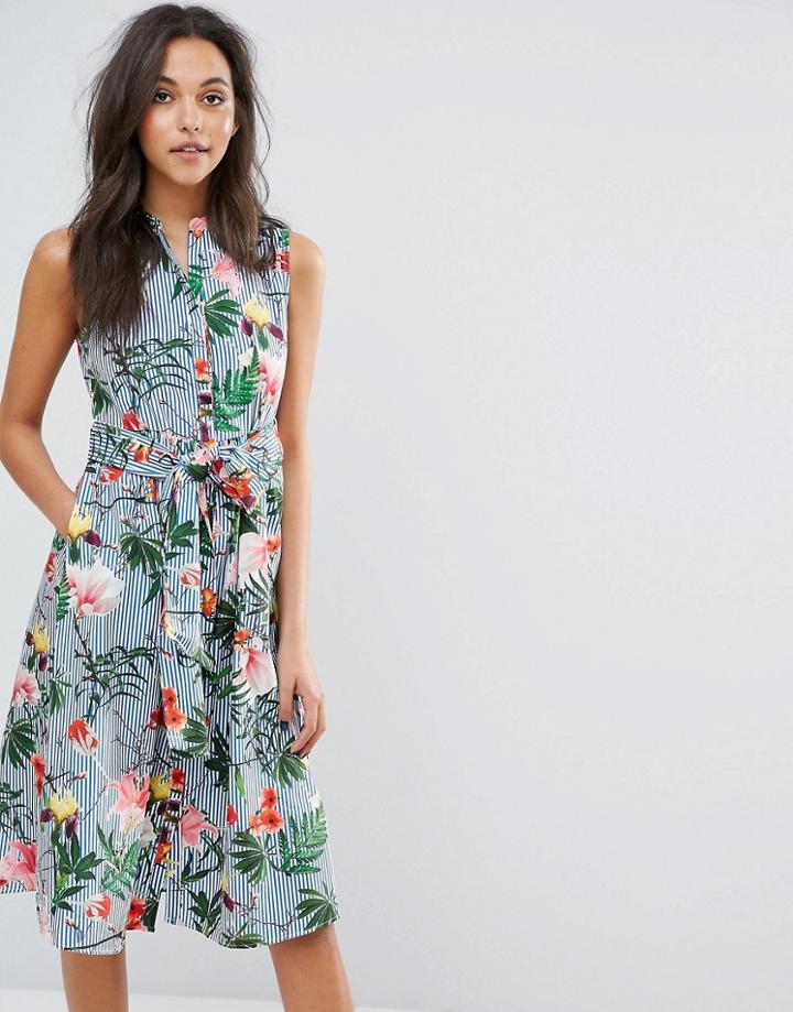 Mango Tropical And Stripe Printed Midi Dress - Blue