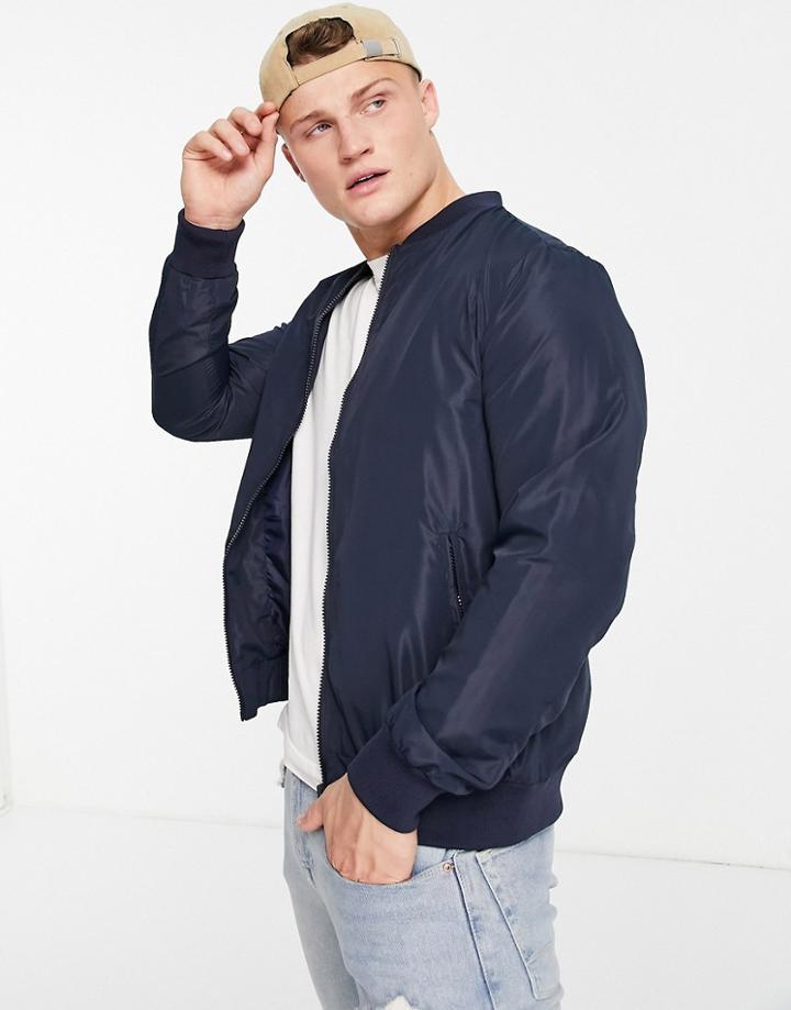 Brave Soul Full Zip Bomber Jacket In Navy