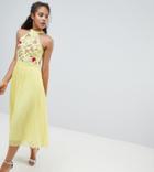 Frock And Frill Tall Embroidered Top Pleated Midi Dress-yellow