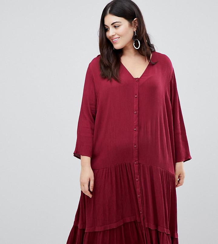 Asos Design Curve Casual Crinkle Button Through Maxi Dress-red