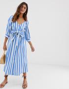 Moon River Waist Tie Button Up Midi Dress - Blue