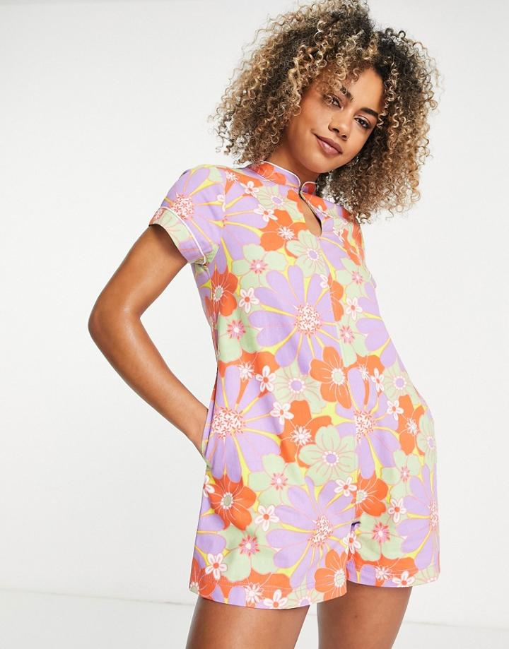 Asos Design Keyhole High Neck Romper In Retro Floral Print-multi