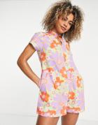 Asos Design Keyhole High Neck Romper In Retro Floral Print-multi