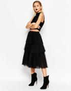 Asos Midi Skirt With Mesh Pleated Layers - Black
