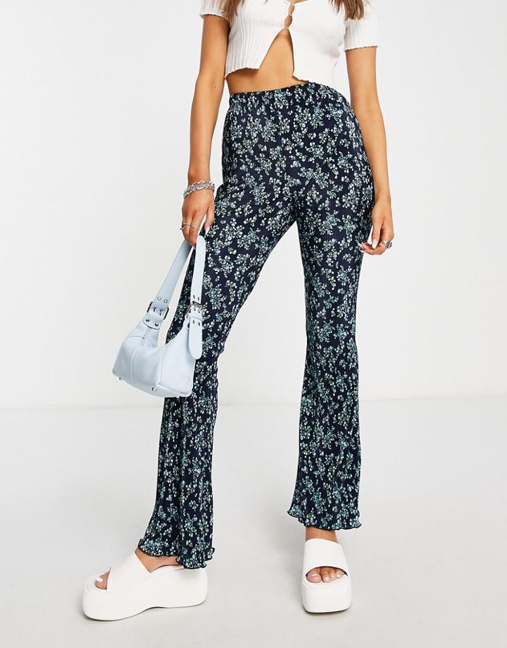 Topshop Plisse Flared Pants In Floral Print-multi