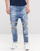 Asos Drop Crotch Jeans With Extreme Rips In Mid Blue - Mid Blue