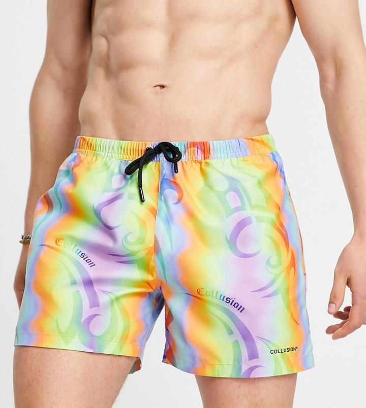 Collusion Blurred Rainbow Print Shorter Length Swim Short In Multi