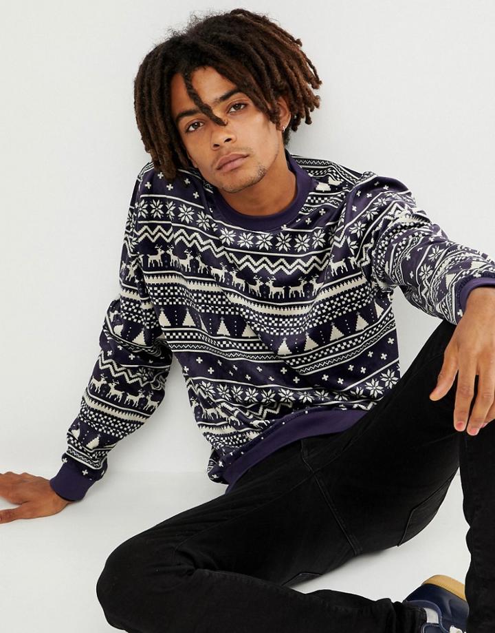 Asos Design Christmas Sweatshirt In Fairisle Print In Velour-navy