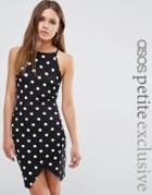 Asos Petite 90s Asymmetric Bodycon Dress In Spot Print With High Neck - Mono