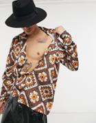 Asos Design Regular Deep Camp Collar Satin Shirt In Crochet Print-brown