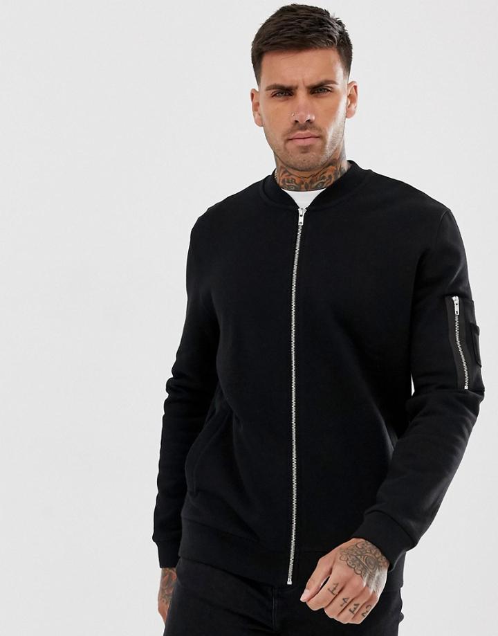 Asos Design Jersey Bomber Jacket With Ma1 Pocket In Black